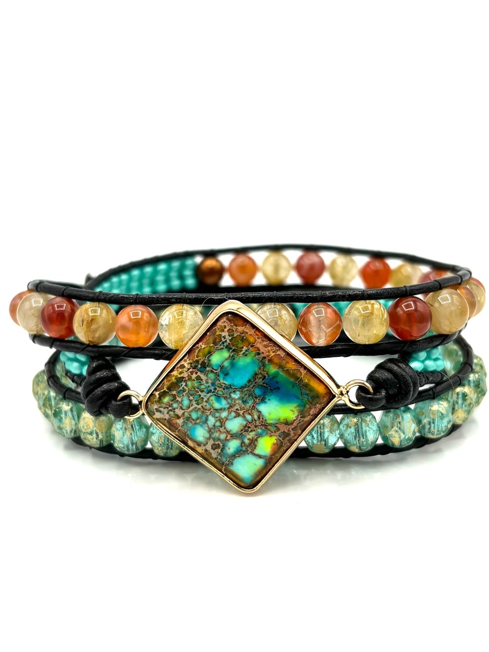 Hand Crafted Multi-Strand Beaded Wrap Bracelet with Imperial Jasper Pendant - Picture 3 of 11